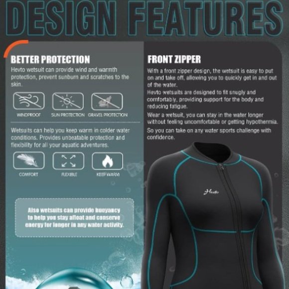 Hevto Unisex Long Sleeve Wetsuit 3/2mm Neoprene Diving Surfing Swimming - Medium - Picture 4 of 5